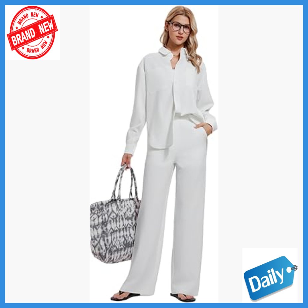 Oversized Pinstripe Blouse & Straight Leg Pants Set - Lightweight Travel